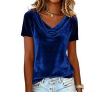 Camiseta de manga corta de terciopelo para mujer, casual, holgada, con cuello vuelo, para fiesta de verano, uso diario (5XL, azul)