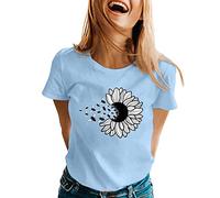 Camiseta de manga corta estampada para mujer con cuello redondo y cinta de manga corta para mujer, azul, S