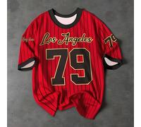 Camiseta de manga corta estilo jersey de béisbol a rayas, que transmite un casual con 'Los Ángeles' y '79', que americana, para uso casual diario o outfits modernos