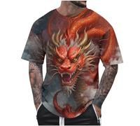 Camiseta de Manga Corta Hombre 2024 3D Estampado dragón Chino Camisa Original Moda Verano Casual T-Shirt Cuello Redondo Fiesta Basic Deportivos Tops tee Cómodo Algodón Talla Grande Suelto