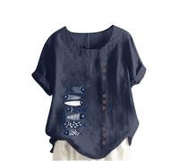 Camiseta de Manga Corta Lino Mujer Botones Camisa Verano Moda Casual Estampado Cómodo Suelto Cuello Redondo Tops T-Shirt Original Basic tee Talla Grande Transpirable Blusa Ligero 2024