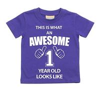 Camiseta de manga corta para bebés con el texto en inglés «This is what an awesome 1 year old looks like», para 1er cumpleaños, en color púrpura, disponible en tallas de 0 a 6 meses a 14 a 15 años morado morado Talla:5-6 años