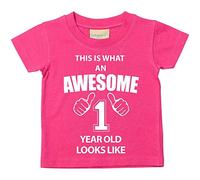 Camiseta de manga corta para bebés con el texto en inglés "This is what an awesome 1 year old looks like", en color azul, disponible en tallas de 0 - 6 meses a 14 - 15 años rosa rosa Talla:5-6 años