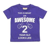 Camiseta de manga corta para bebés con el texto en inglés «This is what an awesome 2 year old looks like», para 2º cumpleaños, en color púrpura, disponible en tallas de 0 a 6 meses hasta 14 a 15 años morado morado Talla:9-11 años