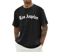 Camiseta de manga corta para hombre 2026 con cuello redondo estampado de letras de ciudad para una vida diaria óptima. Material transpirable. Diseño moderno e informal., Negro , 6XL