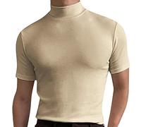 Camiseta de manga corta para hombre con cuello alto, beige, L