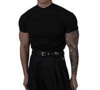 Camiseta de manga corta para hombre con cuello alto y rayas para adelgazar, muscular, elástica, acanalada, para verano, gimnasio, entrenamiento, uso atlético, blusa de color sólido (L negro)