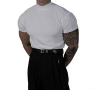Camiseta de manga corta para hombre con cuello alto y rayas para adelgazar, muscular, elástica, acanalada, para verano, gimnasio, entrenamiento, uso atlético, blusa de color sólido (M blanco)