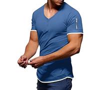 Camiseta de manga corta para hombre con cuello en V extraprofundo, corte ajustado, cuello en V, elástico, monocolor, básico, camiseta de verano, blusa de verano, X-1 Azul Claro, L