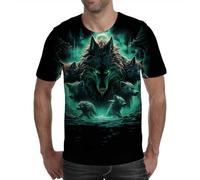 Camiseta de manga corta para hombre con estampado 3D, diseño moderno y cuello redondo, Green Wolf Pack, S