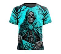 Camiseta de manga corta para hombre con estampado 3D Grim Reaper de cuello redondo, corte holgado, terror, fiesta de Halloween, con estampado de calavera, azul, S