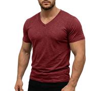 Camiseta de manga corta para hombre, cuello en V, atlética, ligera, elástica, suave y cómoda, transpirable, para verano, casual, básica, para entrenamientos cómodos, Vino, XL