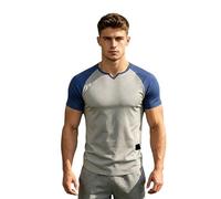 Camiseta de manga corta para hombre, cuello en V, bloque de color, camiseta muscular, casual, verano, gimnasio, entrenamiento, gris, L