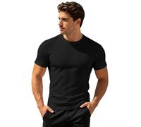 Camiseta de manga corta para hombre, cuello redondo, ligera, informal, lisa, Negro, S