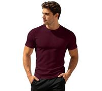 Camiseta de manga corta para hombre, cuello redondo, ligera, informal, lisa, Vino, XL