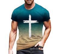 Camiseta de manga corta para hombre, degradado de color, camiseta con estampado de Jesús Cruz, camiseta de manga corta, camiseta cristiana, cuello redondo, camiseta ajustada, camiseta de verano