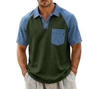 Camiseta de manga corta para hombre, diseño de retazos, de punto gofre, para verano, color contrastante, informal, para, Verde tirando a negro, S