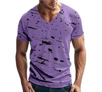 Camiseta de manga corta para hombre, estilo casual, con estampado a rayas, cuello en V profundo, cuello redondo, ajuste delgado, camisetas de entrenamiento de moda, Morado (, L