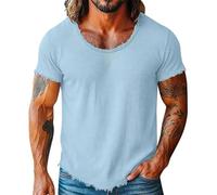 Camiseta de manga corta para hombre, mezcla de algodón y lino, estilo hippie, transpirable, para verano, playa, gimnasio, al aire libre, informal, relajada, 1b-azul claro, M