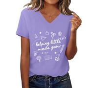Camiseta de manga corta para maestros de preescolar que ayuda a las pequeñas mentes a crecer, camiseta casual de manga corta, Púrpura claro-v, L