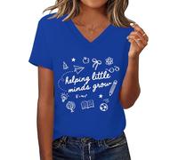 Camiseta de manga corta para maestros de preescolar que ayuda a las pequeñas mentes a crecer, camiseta casual de manga corta, Azul rey-v, XL