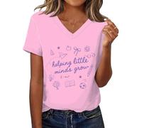 Camiseta de manga corta para maestros de preescolar que ayuda a las pequeñas mentes a crecer, camiseta casual de manga corta, Rosa-V, XL