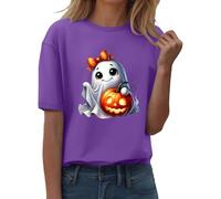 Camiseta de manga corta para mujer, ajuste regular, para Halloween, camiseta de manga corta, cuello redondo, estampado de calabaza, casual, otoño, otoño, 2025, para interiores y exteriores, deportes