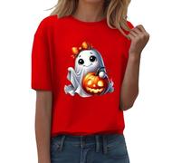 Camiseta de manga corta para mujer, ajuste regular, para Halloween, camiseta de manga corta, cuello redondo, estampado de calabaza, casual, otoño, otoño, 2025, para interiores y exteriores, deportes