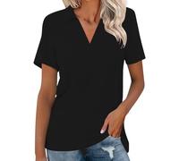 Camiseta de manga corta para mujer - Blusa de manga corta para mujer camiseta con escote en V alto ajuste camisa color sólido camisa juvenil Tops falso cuello camiseta fina camiseta, Negro , M