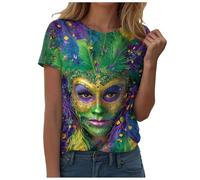 Camiseta de manga corta para mujer, camiseta de manga corta con estampado de máscara de plumas de cosmos 3D, cuello redondo, cómoda camiseta para rave, traje de fiesta EDM, estrella de galaxia, Rosa-c