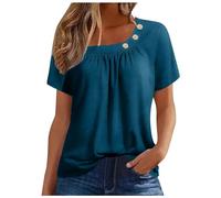 Camiseta de manga corta para mujer, color liso, 3 botones, para mujer, azul, XL