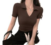 Camiseta de manga corta para mujer, color puro, ajuste delgado, casual, para vacaciones diarias, vacaciones, club, primavera, verano, otoño, invierno, camiseta de moda (talla L, café marrón)