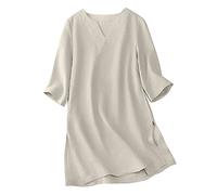 Camiseta de manga corta para mujer con cinco mangas de encaje de lino, elegante y sexy, caqui, 3XL