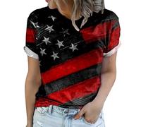 Camiseta de manga corta para mujer con cuello redondo de EE. UU. Independence Day 4 de julio Bandera Top sueltas camisetas patrióticas pelucas de carnaval, Negro , L
