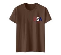 Camiseta de manga corta para mujer con cuello redondo y bandera del Día de la Independencia, estampado de dos letras, camiseta negra sexy para mujer, marrón, XL
