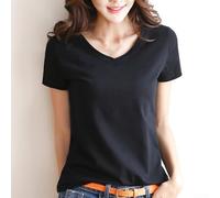 Camiseta de manga corta para mujer con cuello redondo y cuello en V para necesidades básicas de armario (S cuello en V negro)