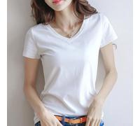 Camiseta de manga corta para mujer con cuello redondo y cuello en V para necesidades básicas de vestuario (L blanco cuello en V)