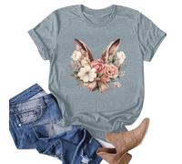 Camiseta de manga corta para mujer con cuello redondo y estampado de conejo, gris, S