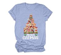 Camiseta de manga corta para mujer con diseño de gato con estampado de letras navideñas, divertido, dulce, maullante, camiseta informal para amantes de los gatos, blusa medieval para mujer, azul claro