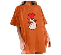 Camiseta de manga corta para mujer con divertido patrón de corazón, cuello redondo, manga corta, informal, vintage, ropa de calle, talla grande, monocolor, camiseta básica Y2K Tops de verano, O Orange