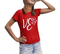 Camiseta de manga corta para mujer con estampado de corazón y letras para el día de San Valentín, rojo, XL