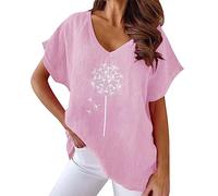 Camiseta de manga corta para mujer con estampado de diente de león, cuello en V, camiseta holgada, informal, iluminación de ventana, primavera, rojo, 4XL