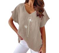 Camiseta de manga corta para mujer con estampado de diente de león, cuello en V, camiseta holgada, informal, pantalones cortos para mujer, elegante, caqui, XXL