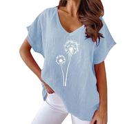 Camiseta de manga corta para mujer con estampado de diente de león, cuello en V, camiseta holgada para el tiempo libre, parte superior sin espalda, azul, 3XL