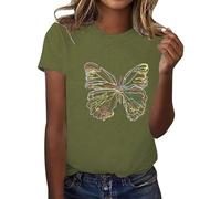 Camiseta de manga corta para mujer con estampado de mariposas, cuello redondo, manga corta, espalda descubierta, top para mujer, Verde militar., S