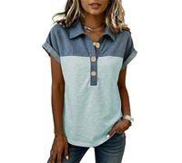 Camiseta de Manga Corta para Mujer con Estampado de Patchwork Vaquero, Polos de Verano con Cuello en V y Botones, Camisa Vaquera con Cuello Abotonado y Estampado de Patchwork. (Sky Blue,XXL)
