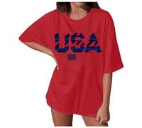 Camiseta de manga corta para mujer con estampado del 4 aniversario de julio de América, cuello redondo, manga corta, suelta, 4 suéteres de manga 3/4 para mujer, rojo, S