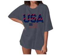 Camiseta de manga corta para mujer con estampado del 4 aniversario de julio de América, cuello redondo, manga corta, suelta, 4 suéteres de manga 3/4 para mujer, gris, S