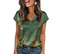 Camiseta de manga corta para mujer con estampado floral de bocetos en verde oliva - Camiseta de manga corta con dibujo botánico | Camiseta informal de verano inspirada en la naturaleza para el tiempo