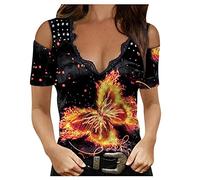 Camiseta de manga corta para mujer, con hombros descubiertos, para fiesta, elegante, naranja, L